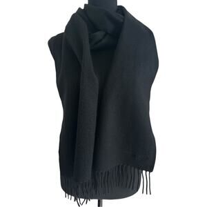 Bottega Veneta Logo Stamped Scarf Black Wool Cashmere Fringe Ends